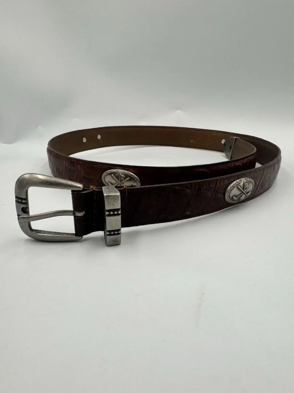 Men's Italian Leather Croc Embossed Golf Concho Belt Brown Sz 36